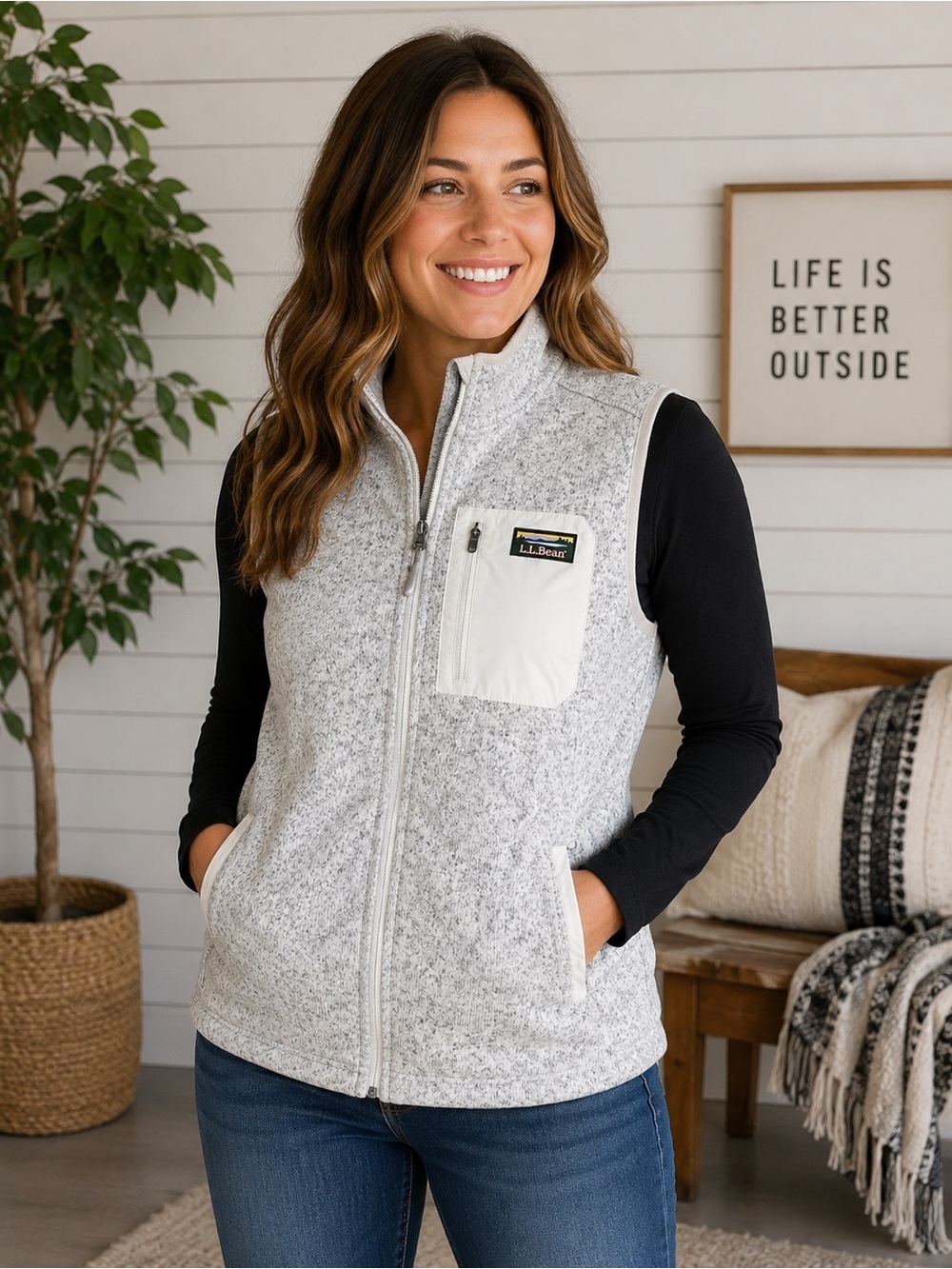 L.L. Bean Light Gray Heather Fleece Vest with White Chest Pocket